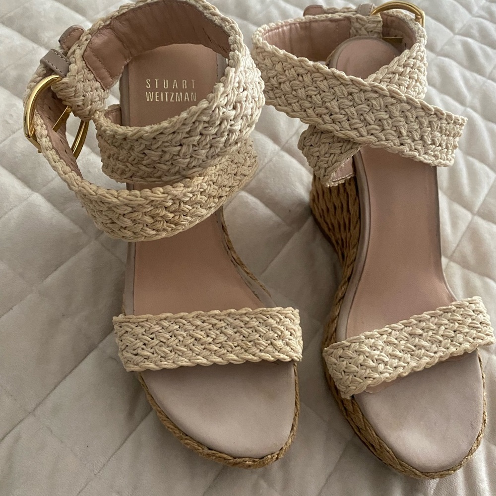 Stuart Weitzman Tan Wedge Sandals with Braided Design